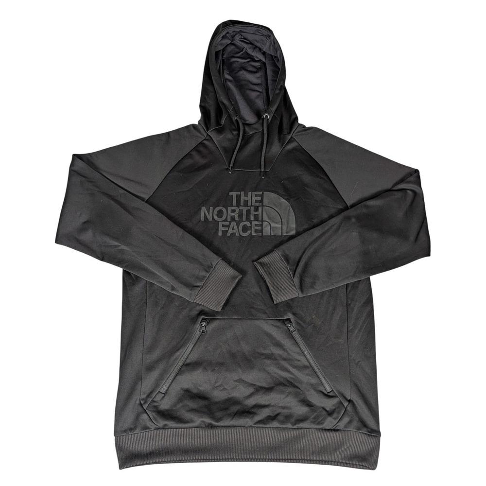The North Face Mens Black Pullover Hoodie Tonal Logo Zippered Pocket Performance